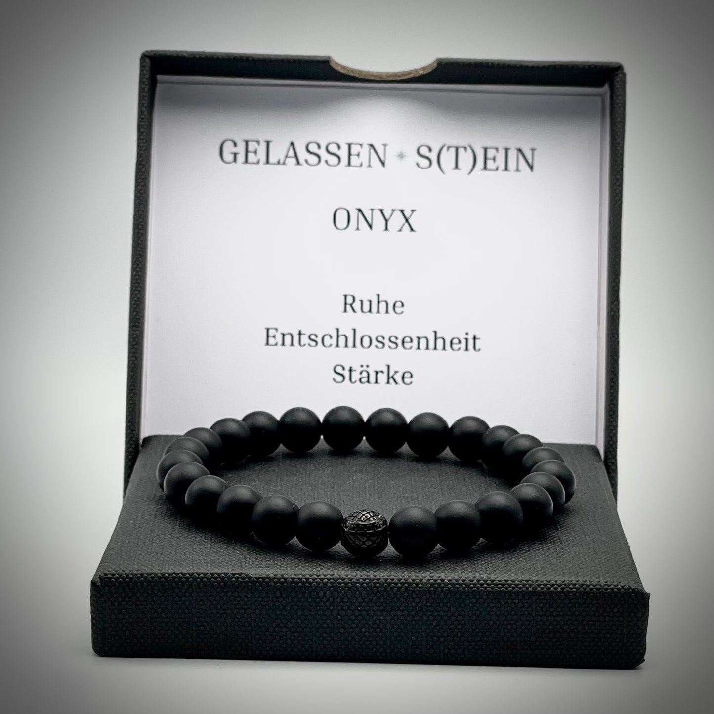 Arrmband Onyx "Gelassen S(t)ein" -8mm Perlen & schwarzer Edelstahlzwischenperle