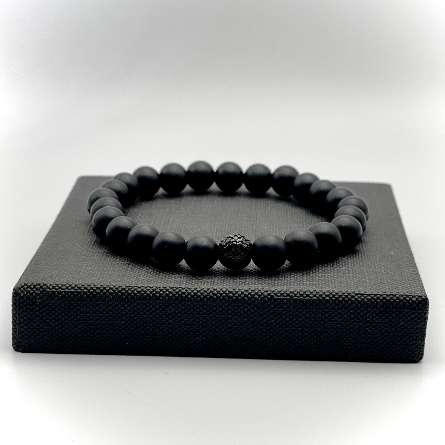 Arrmband Onyx "Gelassen S(t)ein" -8mm Perlen & schwarzer Edelstahlzwischenperle