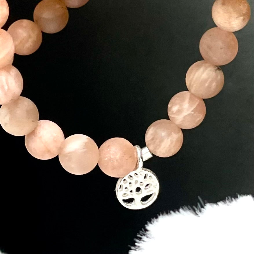 Armband Sonnenstein "Positiv S(t)ein" mit 6 mm Perlen und Lebensbaum aus Sterling-Silber