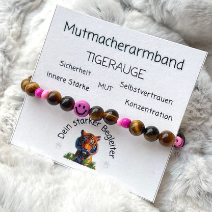 Armband Tigerauge „Mutmacher“ Kinder-Edition mit 6 mm Perlen und fröhlichem Gesicht