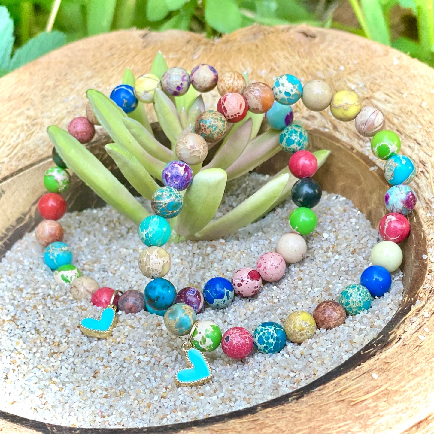 Armband Kaiserlicher Jaspis „Vital S(t)ein“ Sunshine Edition mit 6 mm Perlen und Herz-Anhänger