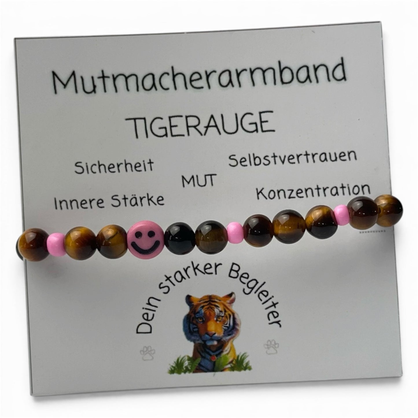 Armband Tigerauge „Mutmacher“ Kinder-Edition mit 6 mm Perlen und fröhlichem Gesicht