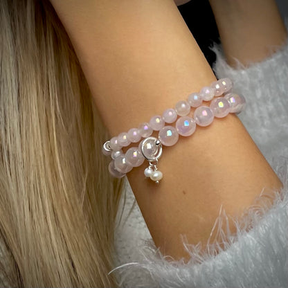 --Armband Rosenquarz "Verbunden S(t)ein" mit 8 mm Perlen und 2 Süßwasserperlen