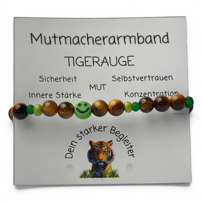 Armband Tigerauge „Mutmacher“ Kinder-Edition mit 6 mm Perlen und fröhlichem Gesicht