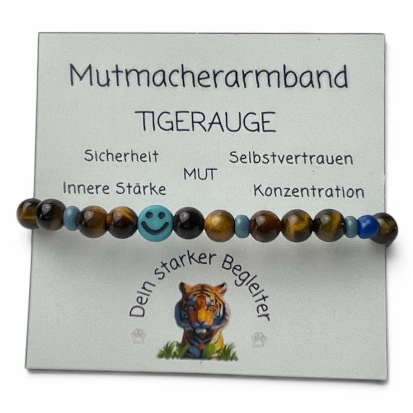 Armband Tigerauge „Mutmacher“ Kinder-Edition mit 6 mm Perlen und fröhlichem Gesicht