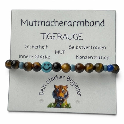 Armband Tigerauge „Mutmacher“ Kinder-Edition mit 6 mm Perlen und fröhlichem Gesicht