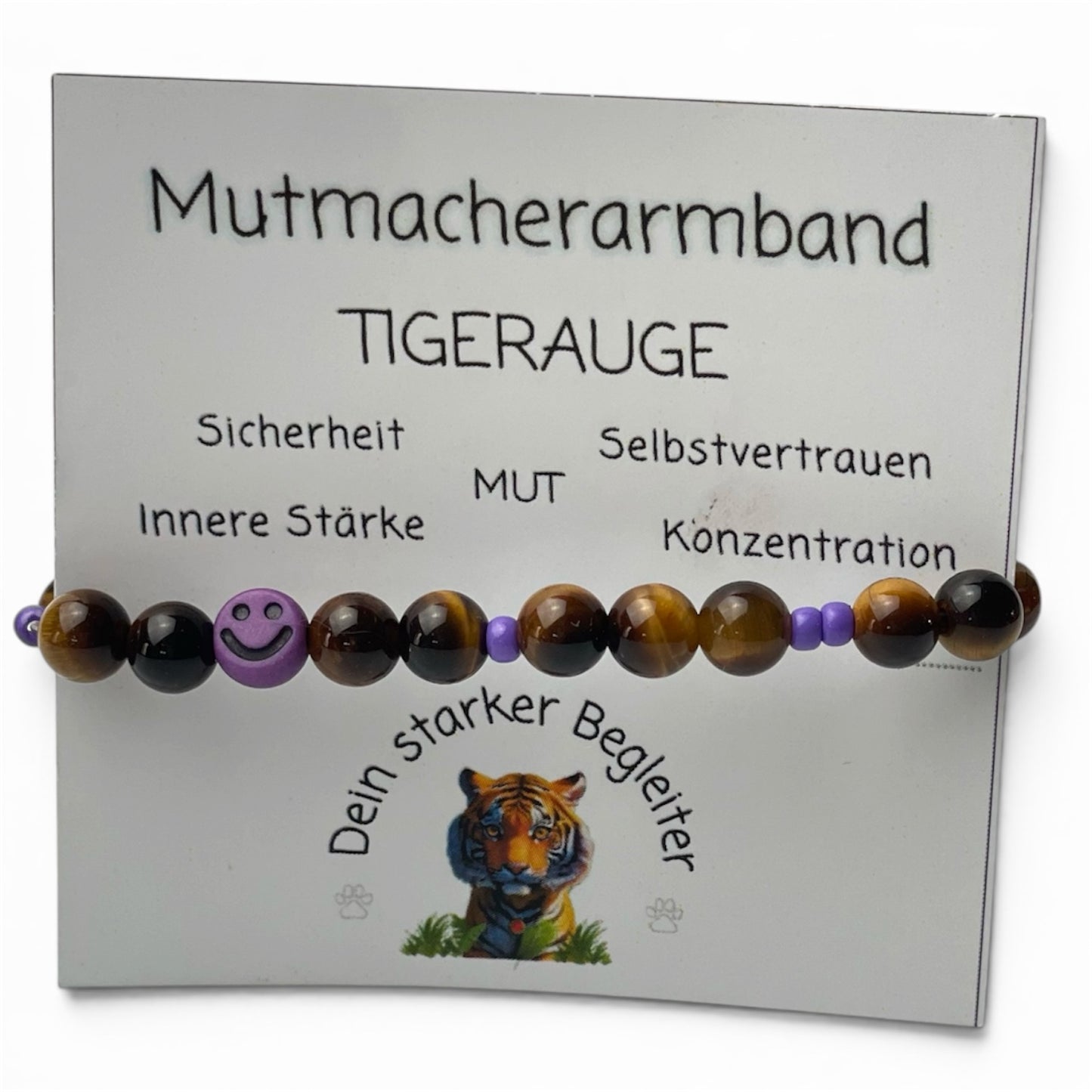 Armband Tigerauge „Mutmacher“ Kinder-Edition mit 6 mm Perlen und fröhlichem Gesicht