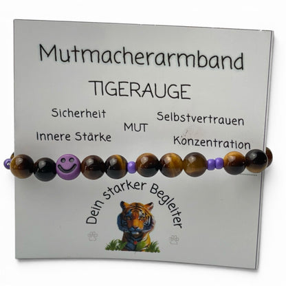 Armband Tigerauge „Mutmacher“ Kinder-Edition mit 6 mm Perlen und fröhlichem Gesicht