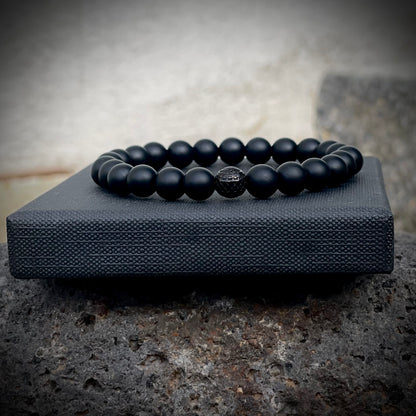Arrmband Onyx "Gelassen S(t)ein" -8mm Perlen & schwarzer Edelstahlzwischenperle