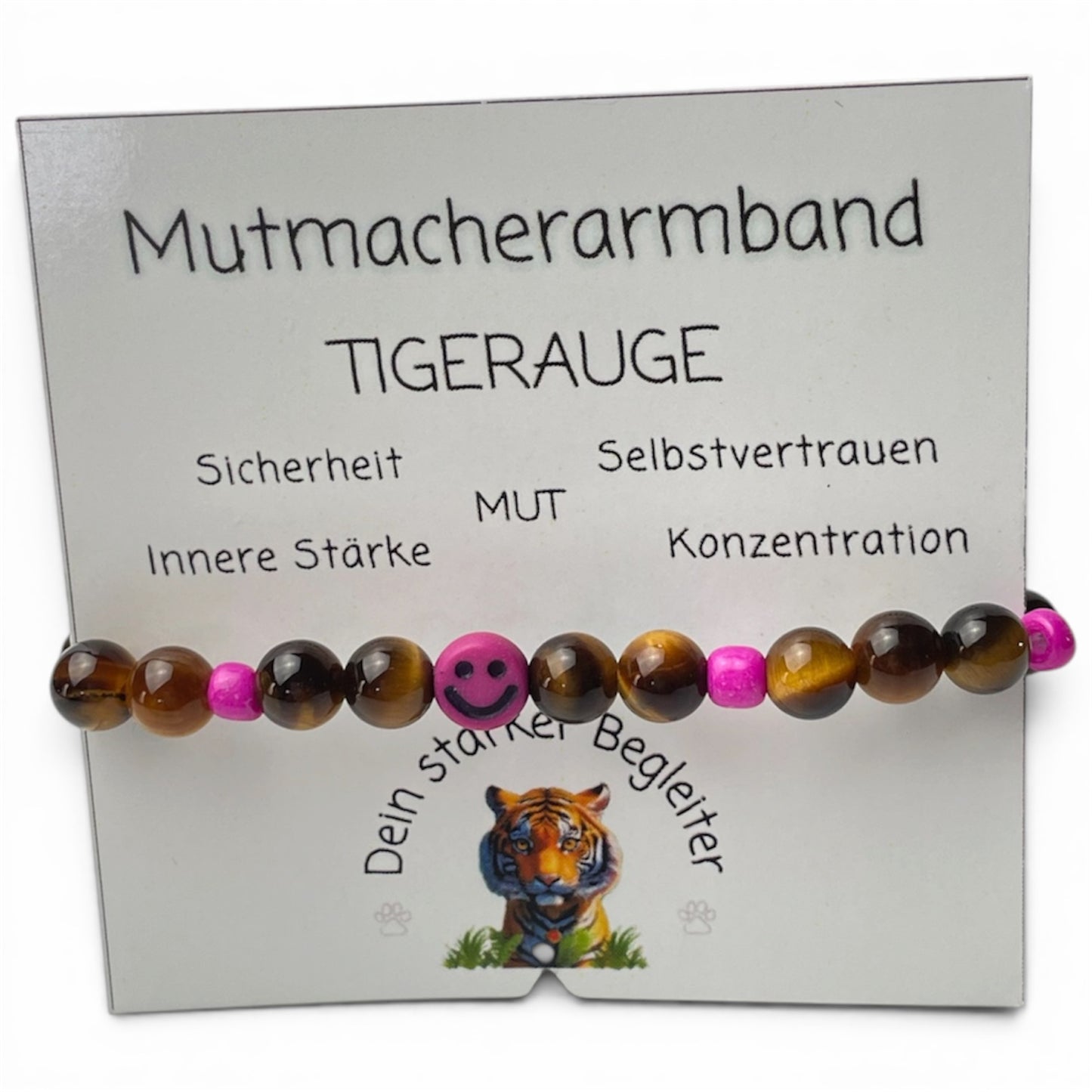 Armband Tigerauge „Mutmacher“ Kinder-Edition mit 6 mm Perlen und fröhlichem Gesicht