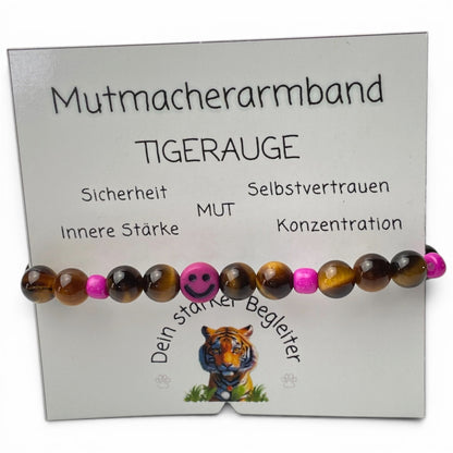 Armband Tigerauge „Mutmacher“ Kinder-Edition mit 6 mm Perlen und fröhlichem Gesicht